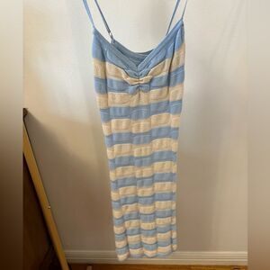 Le Lis Blue and Cream Striped Crochet Mini Dress from Awoke Vintage in Brooklyn